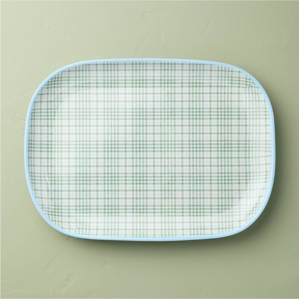 12"x17" Layered Plaid Melamine Serving Platter Green/Blue/Cream - Hearth & Hand